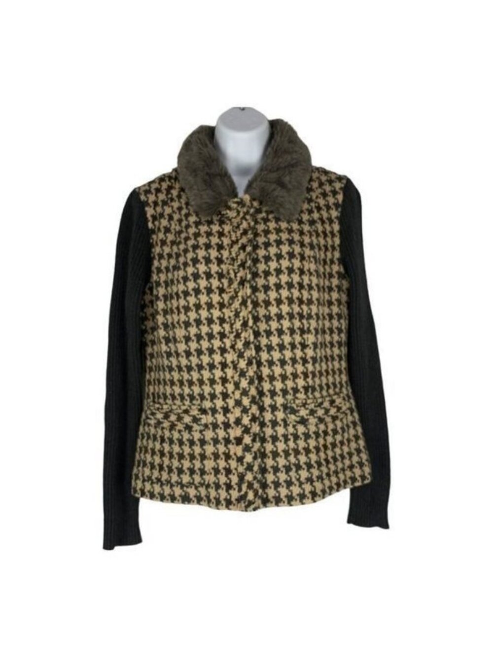 CAbi Womens Houndstooth Fur-Collar Jacket Beige/Black Size 6 Long Sleeves